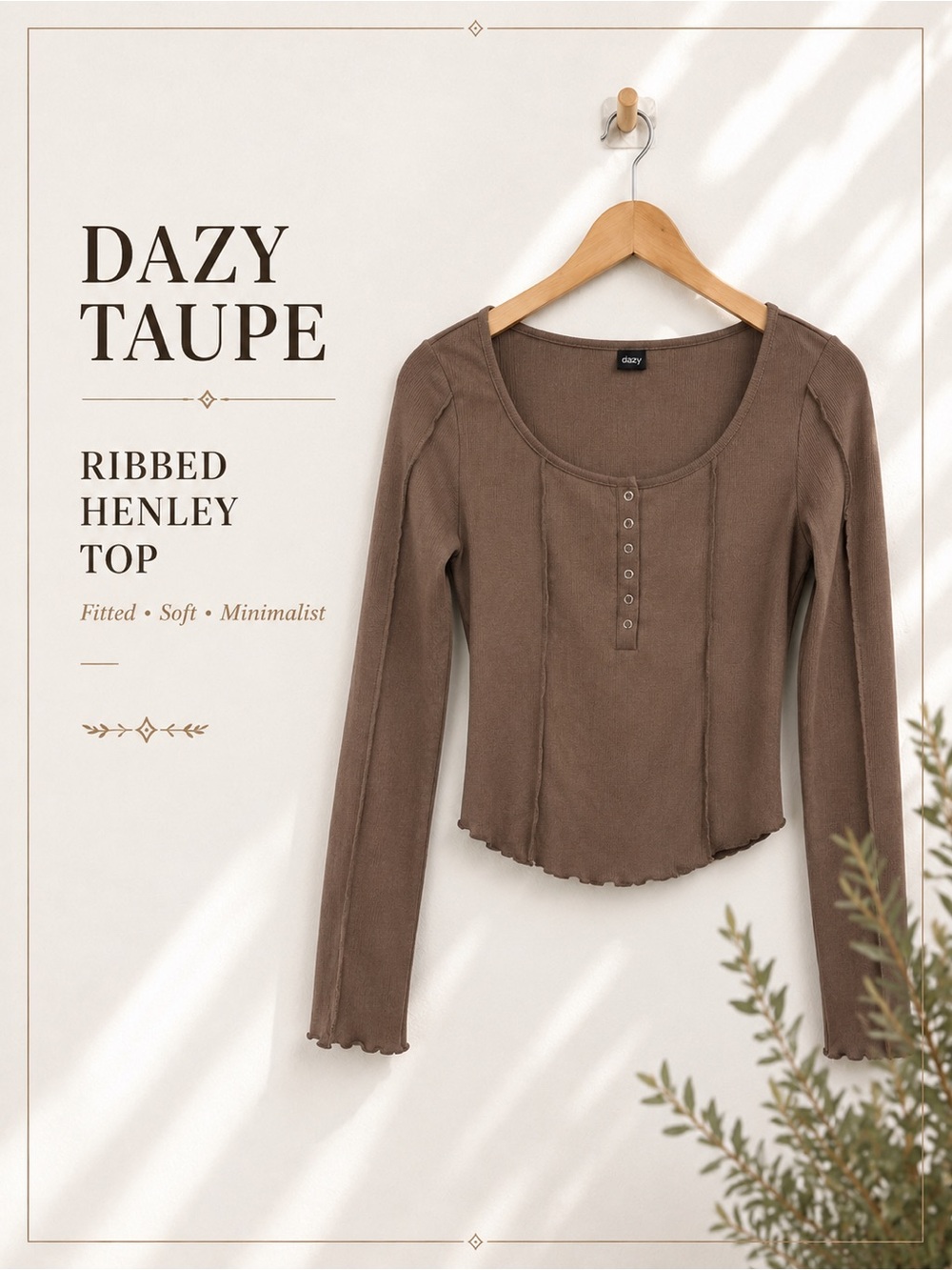 Dazy Taupe Ribbed Henley Scoop Neck Fitted Long Sleeve Minimalist Top Size Large